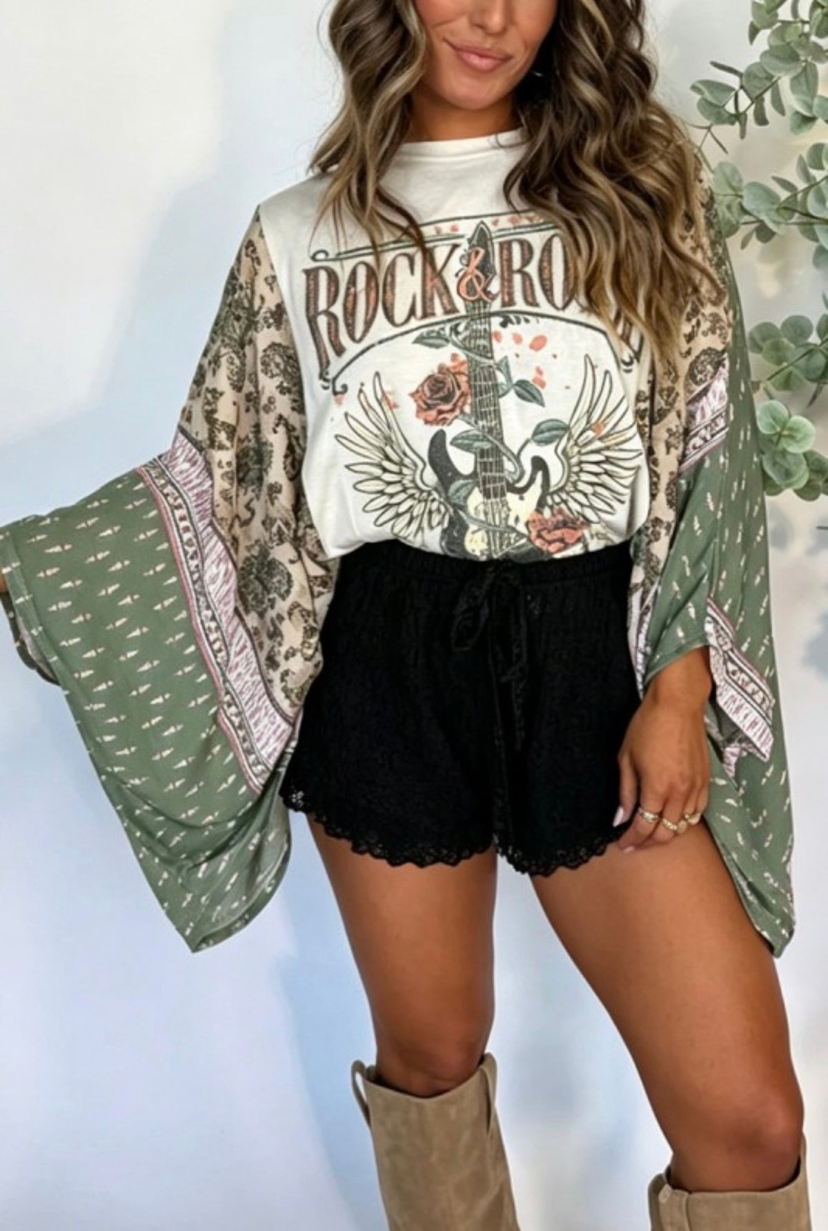 Boho Rock N Roll Wing Sleeve Tee